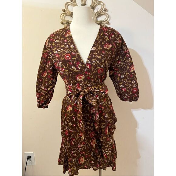 Madison Matthews Brown Autumn Leaves Wrap Mini Dress Ruffled S - Picture 1 of 8
